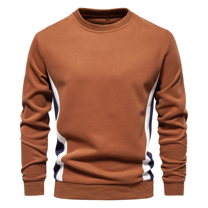 Herr Round Neck College-Tröja Gjord av Bomullsblandning med Contrasting Side Piping och Smal Silhuett