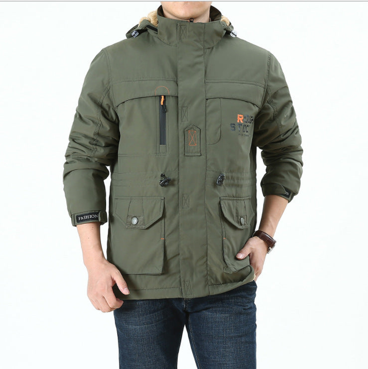 Herr Insulated Fält Parka i Utility Stil med Teddy Fleece Inre Krage, Huva, och Multi-Pockets