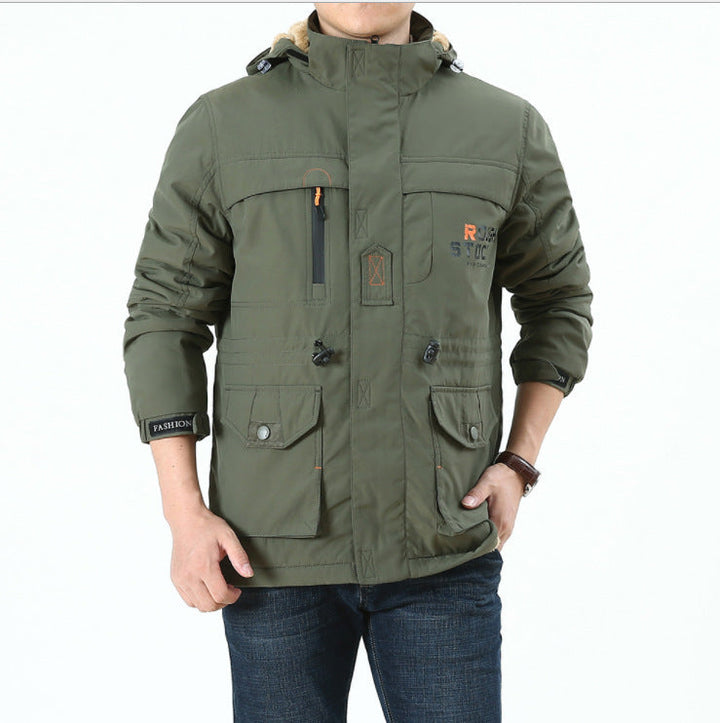 Herr Insulated Fält Parka i Utility Stil med Teddy Fleece Inre Krage, Huva, och Multi-Pockets