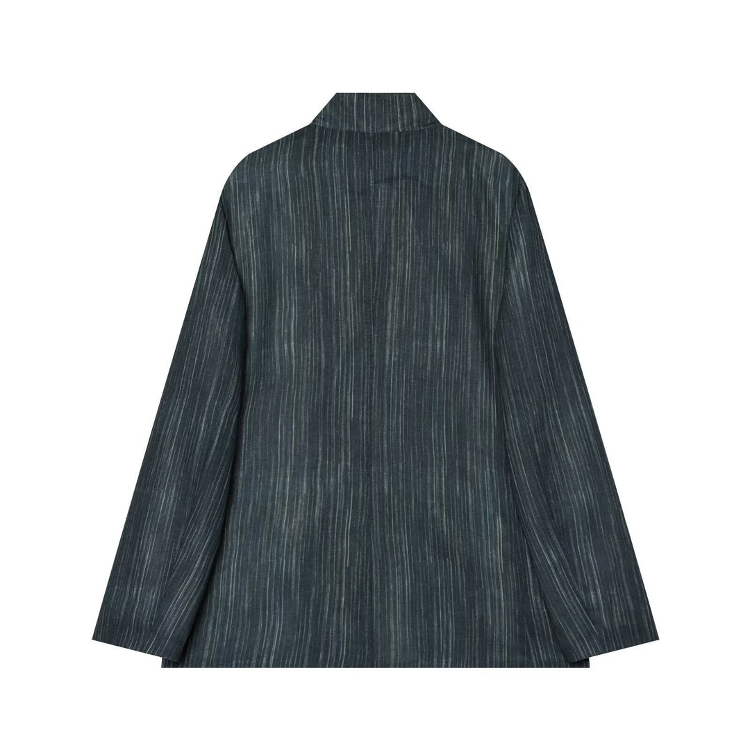 Dam Loose Lång Blazer i Pinstripe Look med Stå Krage och Patch Fickor