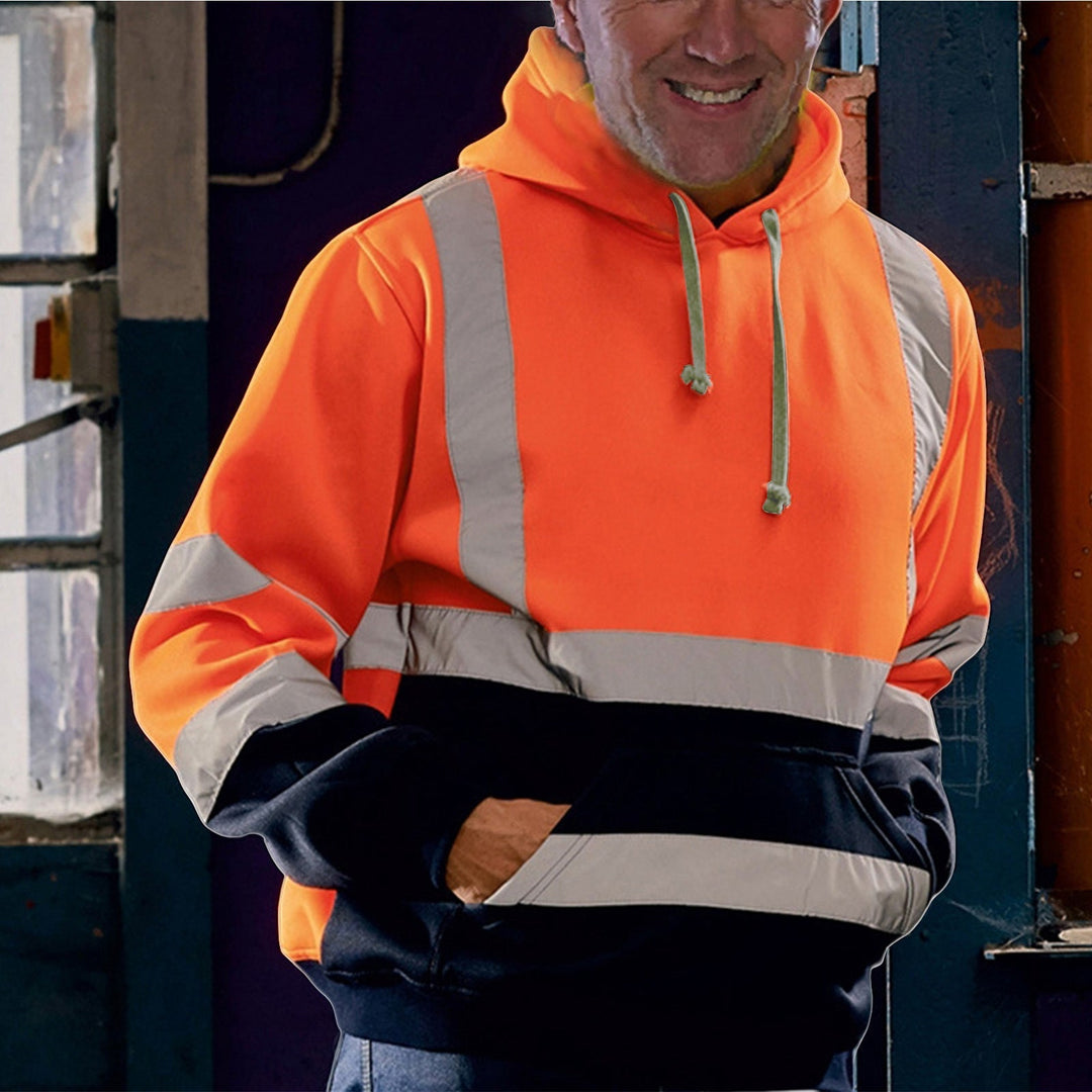 Herr Reflective Safety Luvtröja med Contrasting Reflective Bands, Känguruficka och Adjustable Huva