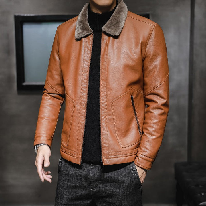 Herr Leather-Look Pilot Jacka med Teddy Krage och Dold Zip
