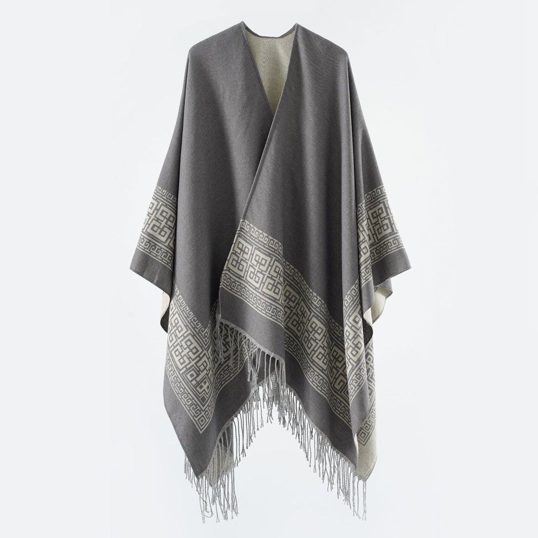 Dam Reversible ullblandning kimono stil Wrap med Ornamental Border och Decorative Fringes