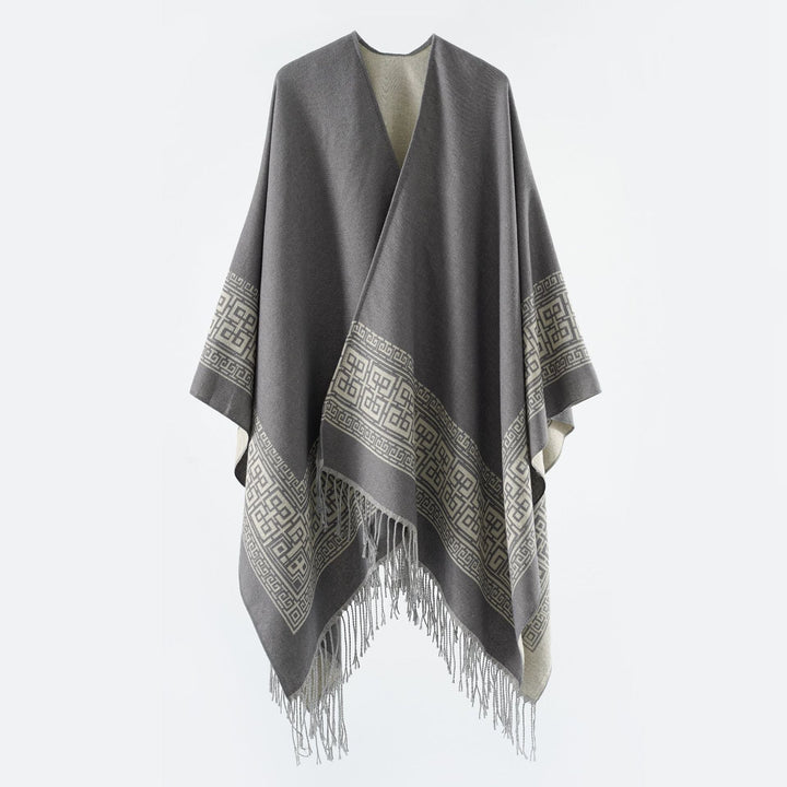 Dam Reversible ullblandning kimono stil Wrap med Ornamental Border och Decorative Fringes