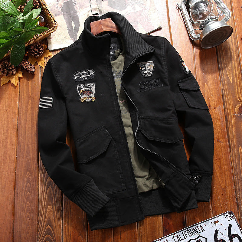 Herr Canvas Pilot Jacka med Embroidered Patches, Flera Fickor, och Ribbad Muddar