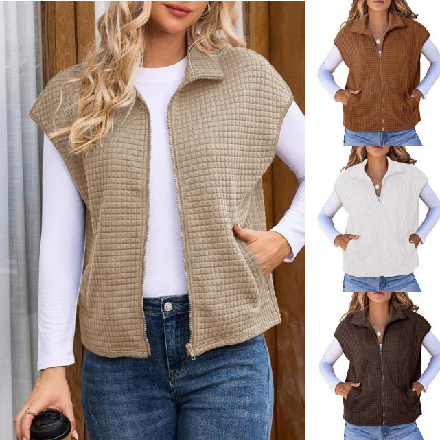 Dam Quiltad Väst med Strukturerad Waffle Look, Ståkrage och Hel-Length Dragkedja