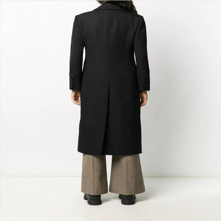 Dam elegant Single-Breasted lång kappa in Tuxedo stil med Narrow Lapels och Satin Trim