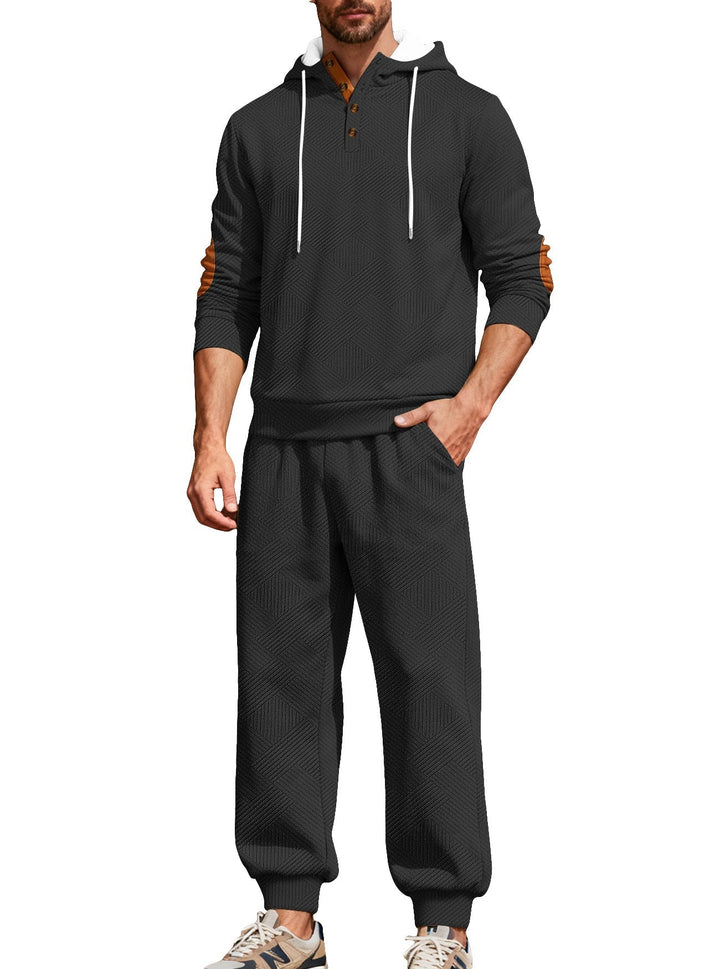 Herr Textured Luvtröja Jogging Set med Henley Knapplist och Contrast Elbow Lappar