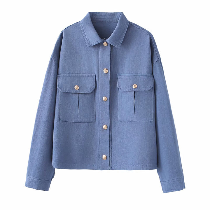 Dam Oversized Utility Jacka Gjord av Twill med Appliquéd Bröst Fickor