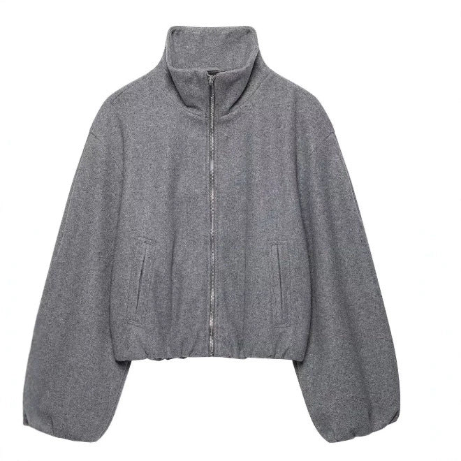 Dam Kort Skärning Bouclé Blouson Jacka med Stå Krage, Elastic Nederkant och Balloon Ärmar