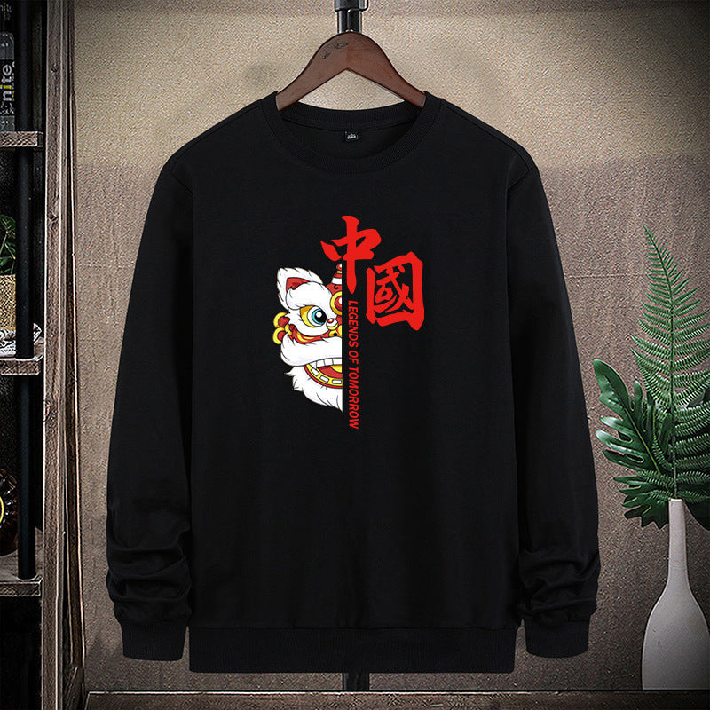 Herr College-Tröja med Traditional Lion Dance Motif och Round Neckline