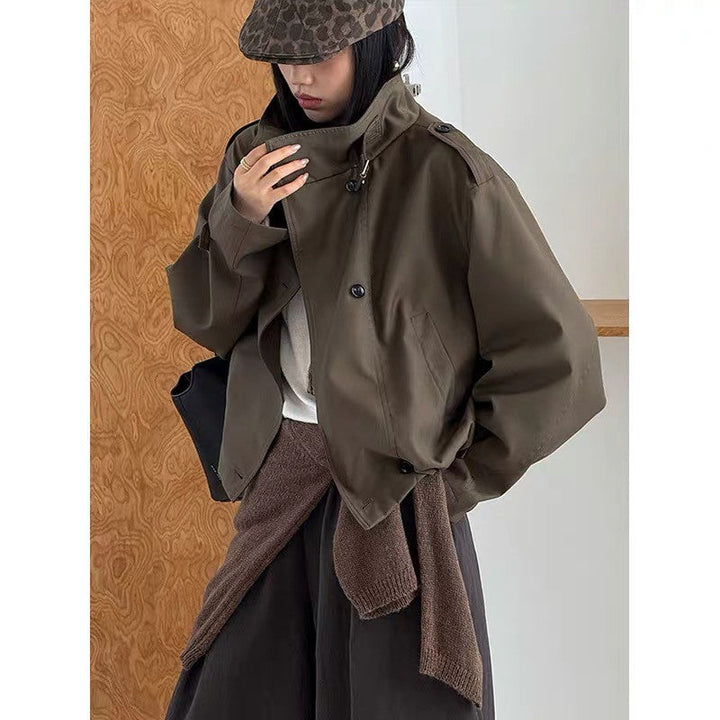 Dam kort Blouson trenchcoat med ståkrage, Double-breasted knappslå och Elastic fåll