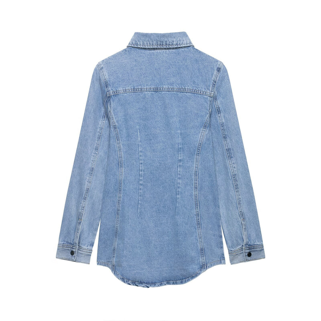 Dam Oversize Denim Skjortjacka med Tailored Darts och Press Studs