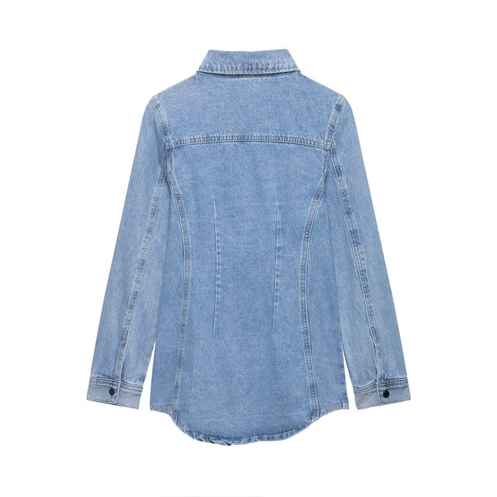 Dam Oversize Denim Skjortjacka med Tailored Darts och Press Studs