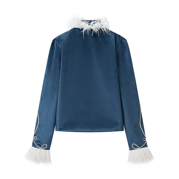 Dam sammet Military jacka med Feather Trim och dekorativ Piping