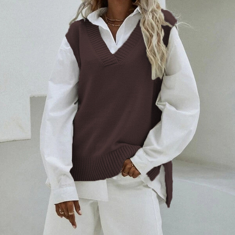 Dam Sleeveless stickad väst med V-Neck och Side Slits