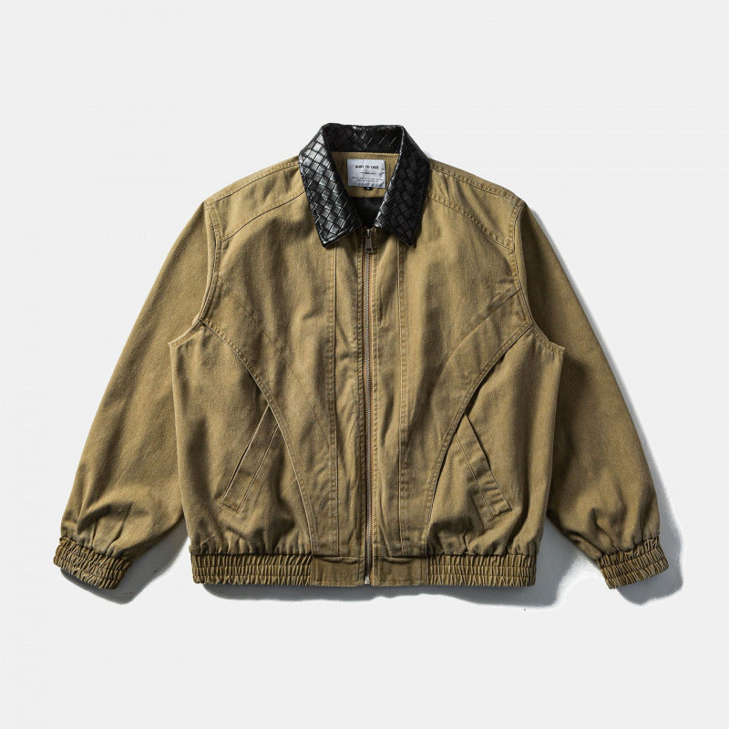Herr boxig Denim Blouson Jacka med quiltad Läder Krage och elastiska muddar