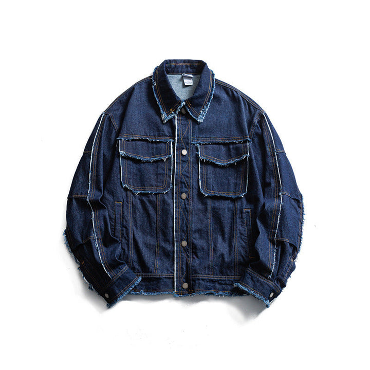 Herr oversize Jeans Jacka med Frayed Edges och Large fickor med lock