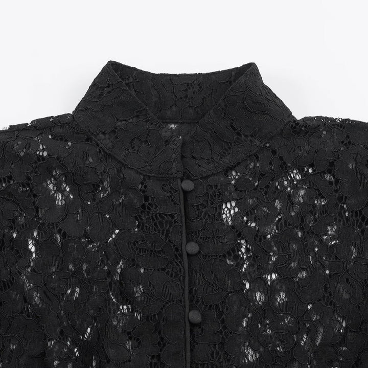 Dam Lace Jacka i Blouse Stil med Stå Krage och Puff Ärmar