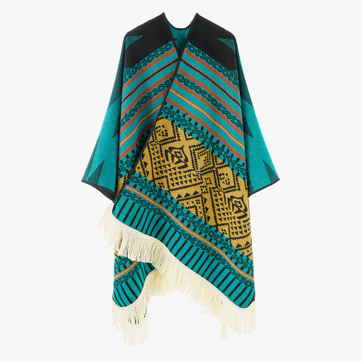 Dam Woven Jacquard poncho med V-Neck, Ethno tryck och Fringes