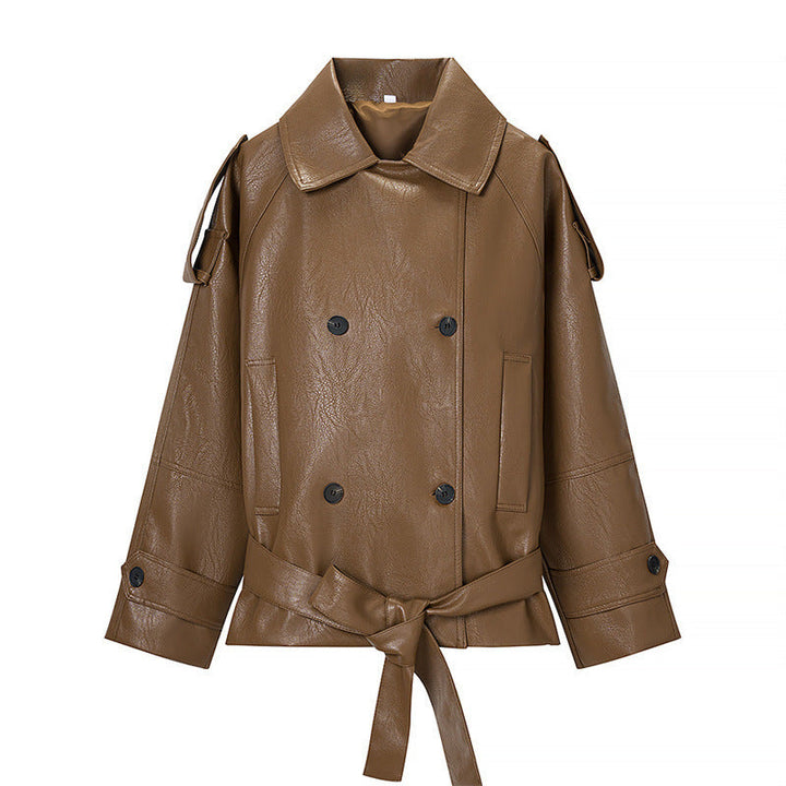 Dam kort konstläder trenchcoat med midjebälte, Double Breasted och Epaulettes