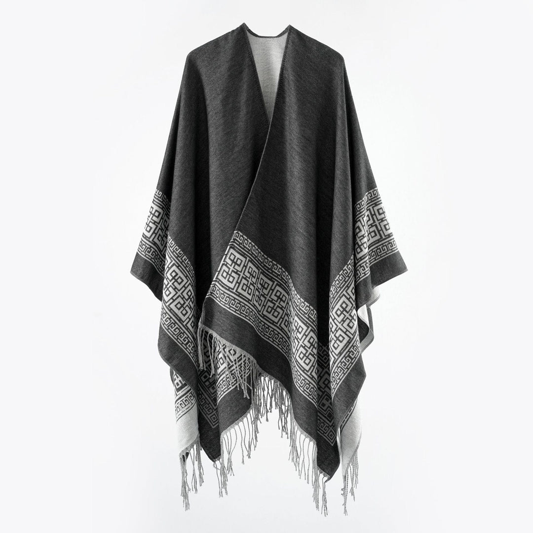 Dam Reversible ullblandning kimono stil Wrap med Ornamental Border och Decorative Fringes