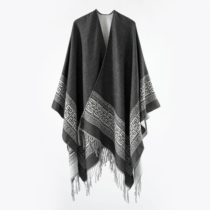 Dam Reversible ullblandning kimono stil Wrap med Ornamental Border och Decorative Fringes