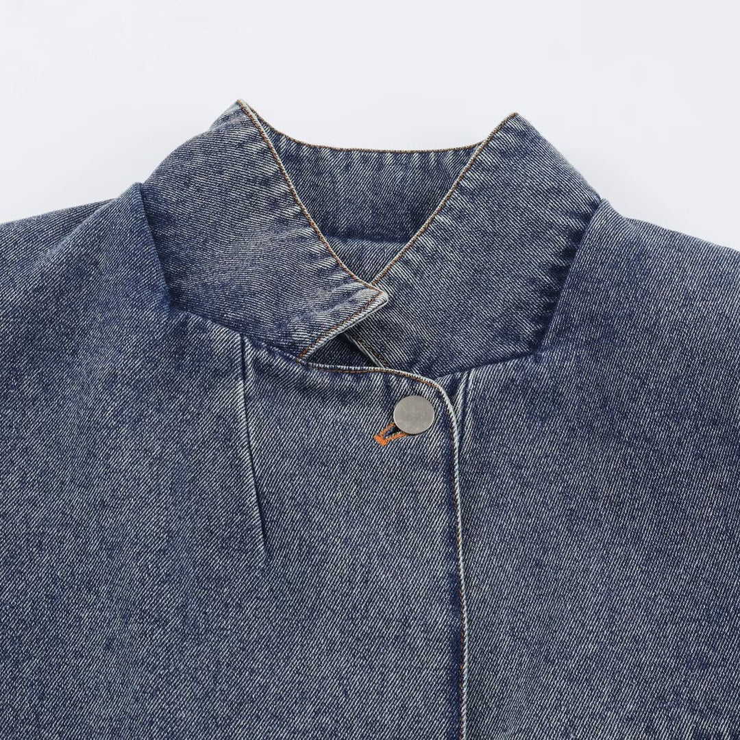 Dam Kort Jeans Jacka i Boxig Skärning med Ståkrage och Three-Quarter Ärmar