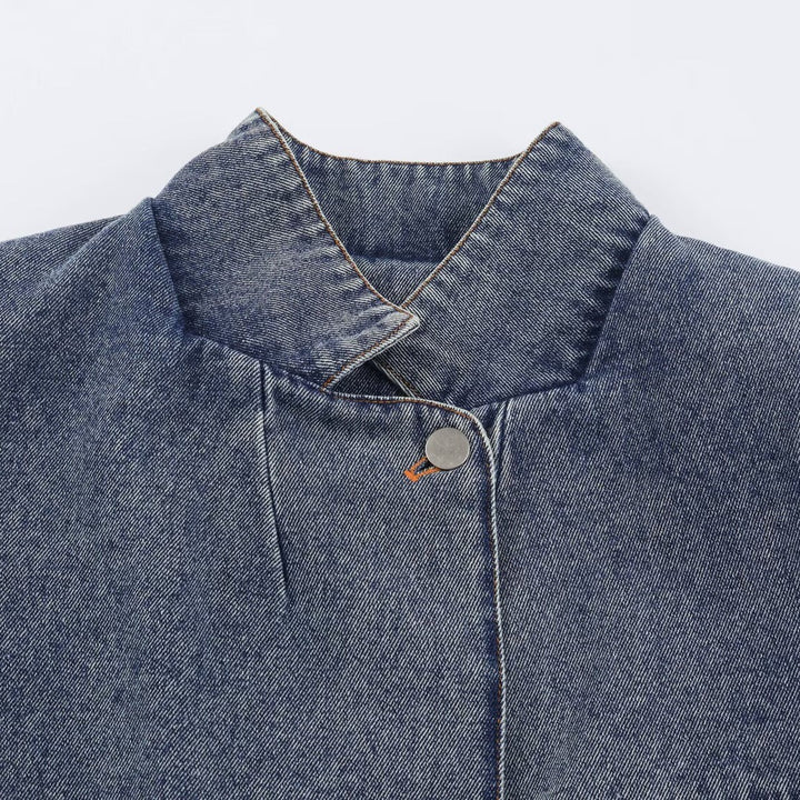 Dam Kort Jeans Jacka i Boxig Skärning med Ståkrage och Three-Quarter Ärmar