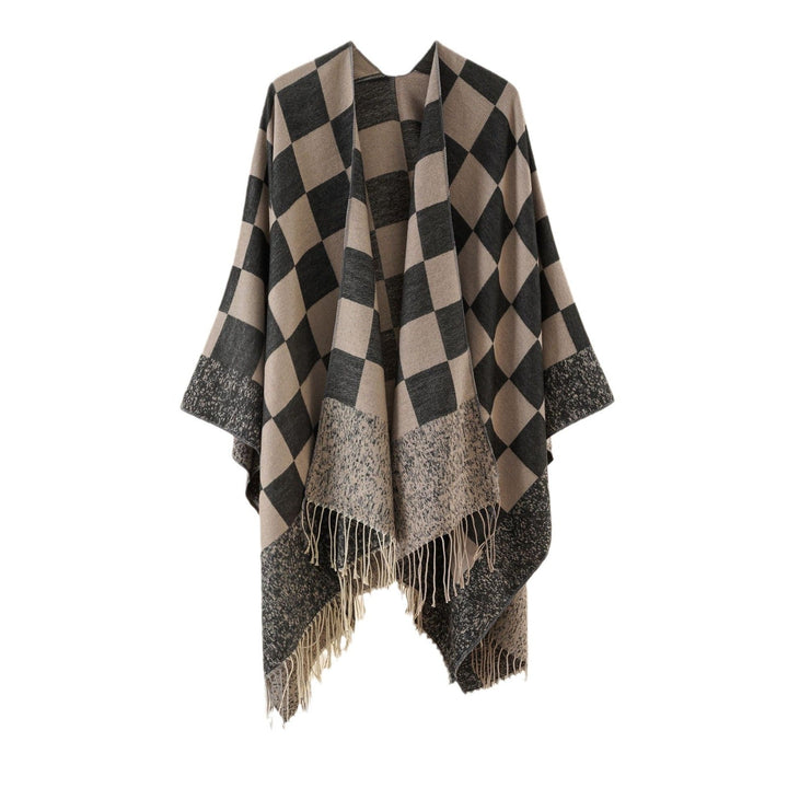Dam oversized woven poncho med diamond mönster och fringes