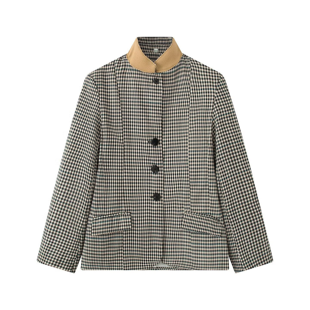 Dam Kort Rutig Boxig Blazer med Stå Krage och Lock Fickor