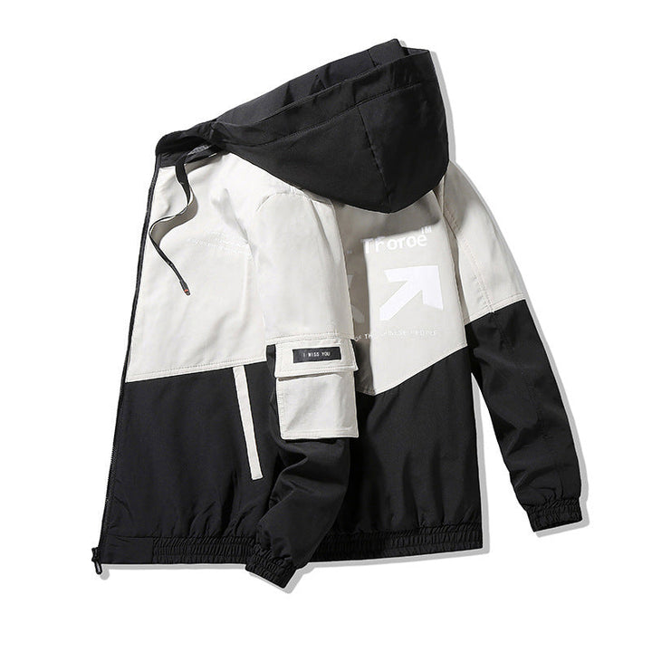 Herr Colorblock med huva funktionsjacka med Tryck Detaljer och taktisk Fickor