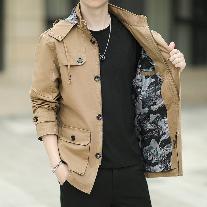 Herr Övergångs Parka i Fält Design med Huva, Lock Fickor och Arm Straps