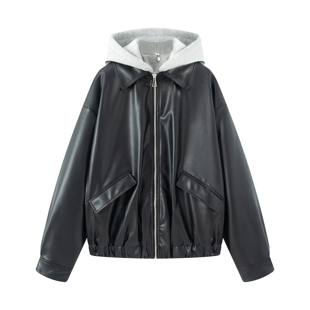 Dam Oversized Konstläder Blouson med Huva Insert och Lockfickor