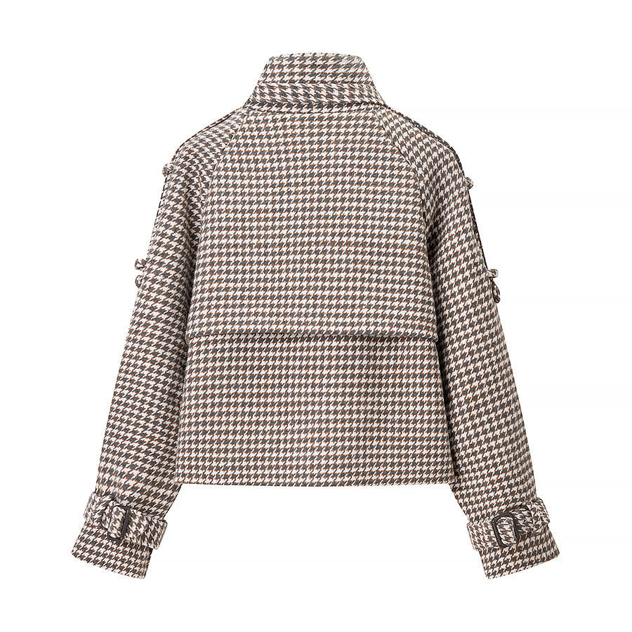 Dam Kort Jacka i Houndstooth med Ståkrage, Dubbel-Breasted och Midja Detaljer