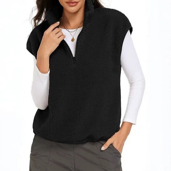 Dam Sleeveless Teddy Fleece Väst med Halv Dragkedja och Ståkrage