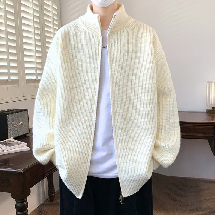 Herr Oversized Knit Zip Jacka med Hög Stående Krage och Fin Rib Structure
