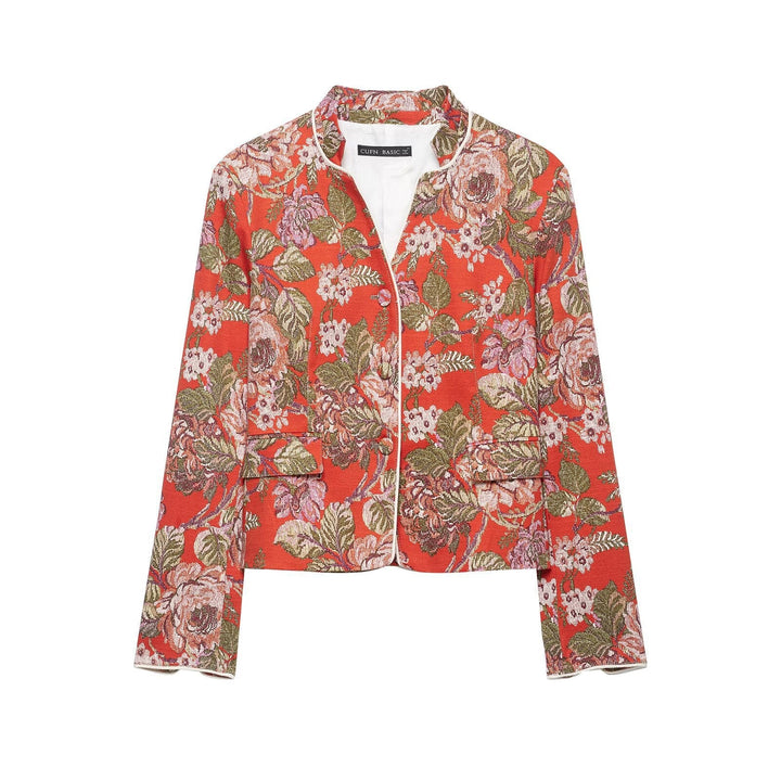 Dam Blommig Vävd Jacquard Bouclé Kort Jacka med Standing Krage