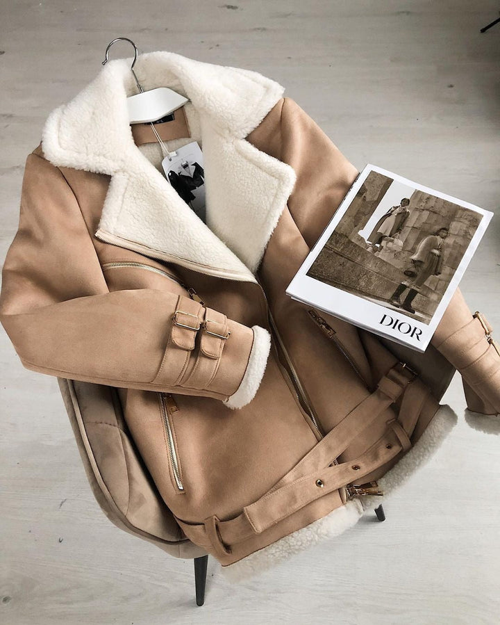 Dam oversize konstläder Pilot jacka med teddy Fur foder och Buckles