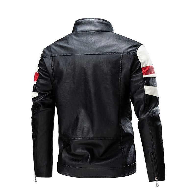 Herr retro-inspired motorcycle läder jacka med racing ränder och ståkrage