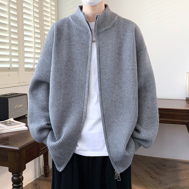 Herr Oversized Knit Zip Jacka med Hög Stående Krage och Fin Rib Structure