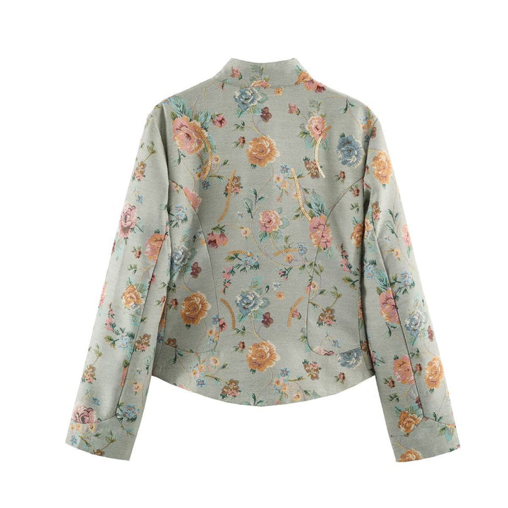 Dam broderad Jacquard kort jacka med Mandarin krage och Flap fickor