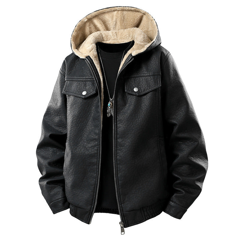 Herr Lederoptik-Blouson med Huva, Teddyfutter och Aufgesetzten Fronttaschen