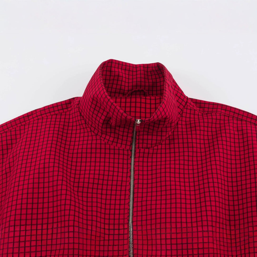 Dam Kort Blouson Jacka med Hög Stå Krage, Rutig Vävd Structure och Elastic Finish