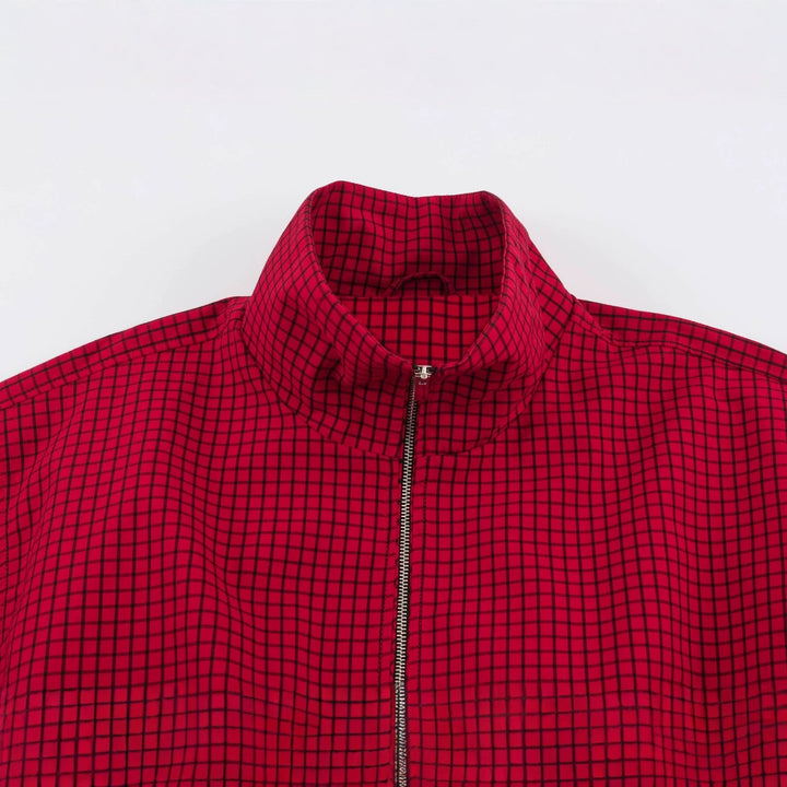 Dam Kort Blouson Jacka med Hög Stå Krage, Rutig Vävd Structure och Elastic Finish