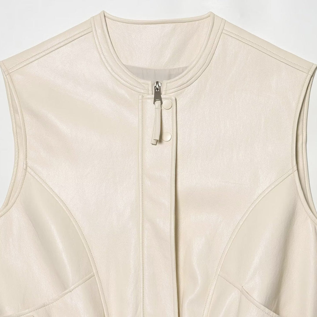 Dam Sleeveless Jacka i Läderlook med Stå Krage och Tailored Passform