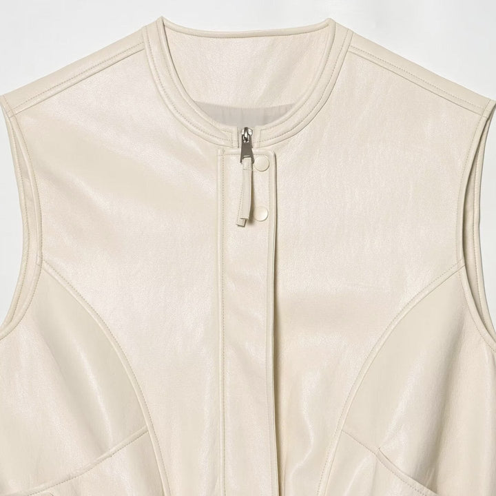 Dam Sleeveless Jacka i Läderlook med Stå Krage och Tailored Passform