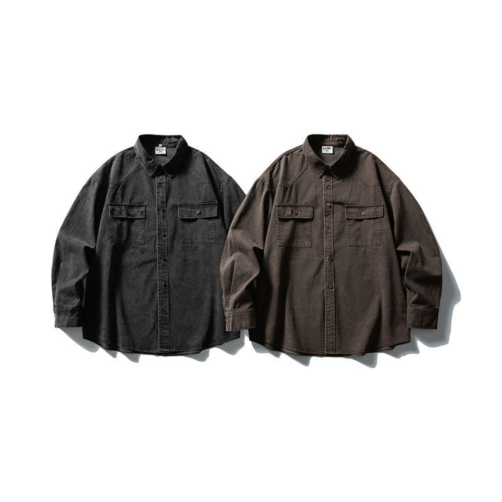 Unisex Oversized Bomull Denim Skjorta Jacka med Lapp Bröst Fickor och Curved Fåll