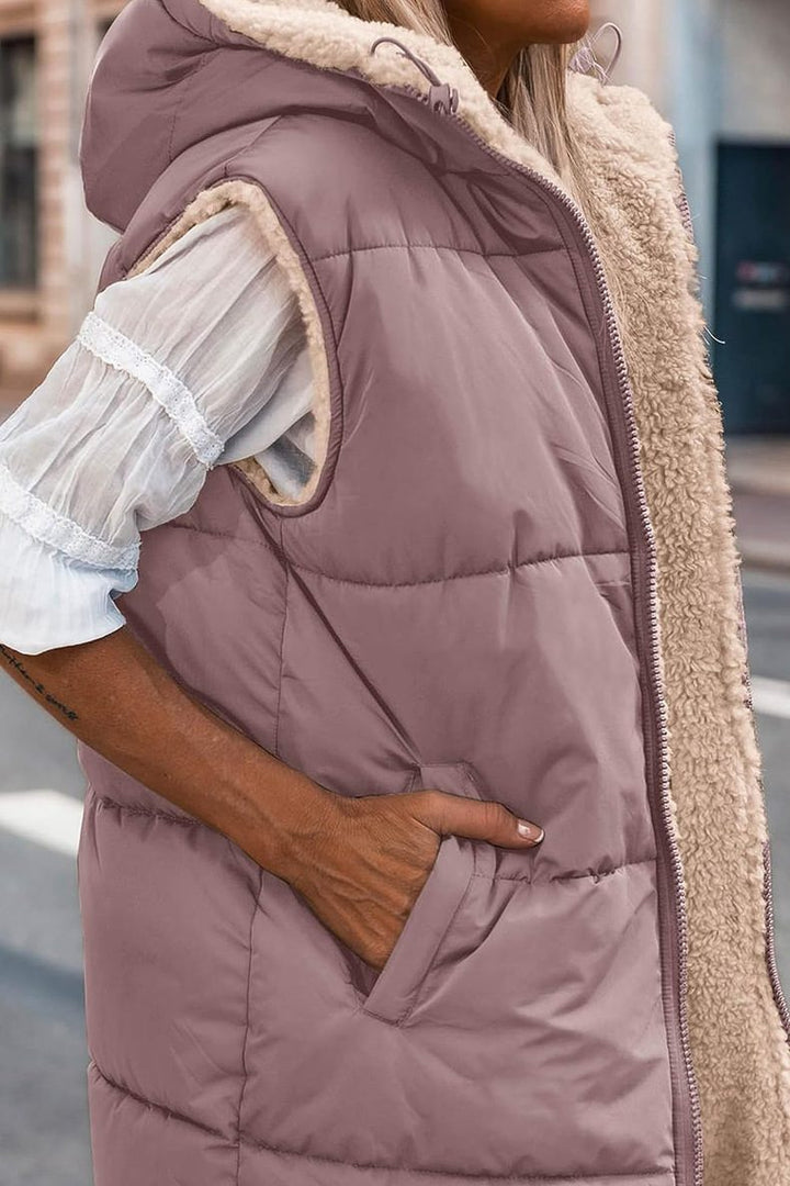 | Dam Vändbar vadderad väst med huva och Sleeveless Design