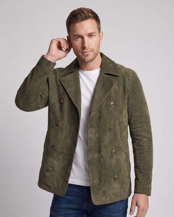 Herr double-breasted mocka jacka med notched lapels